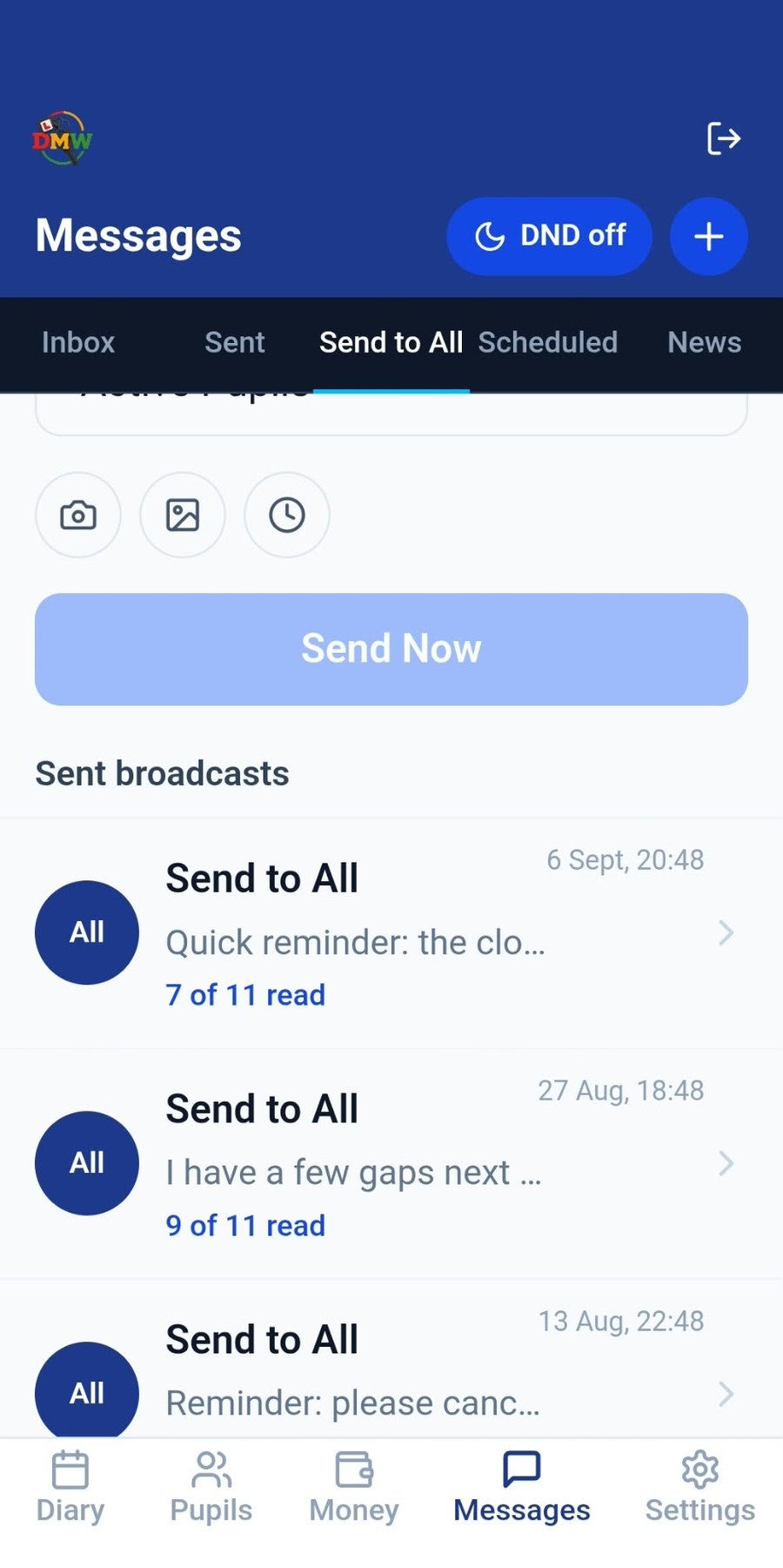 Send to All screen showing the sent broadcasts feed