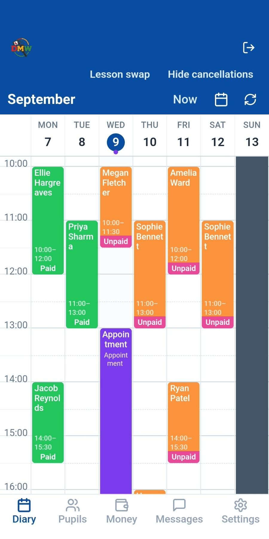 Diary week view in the Drive My Way app