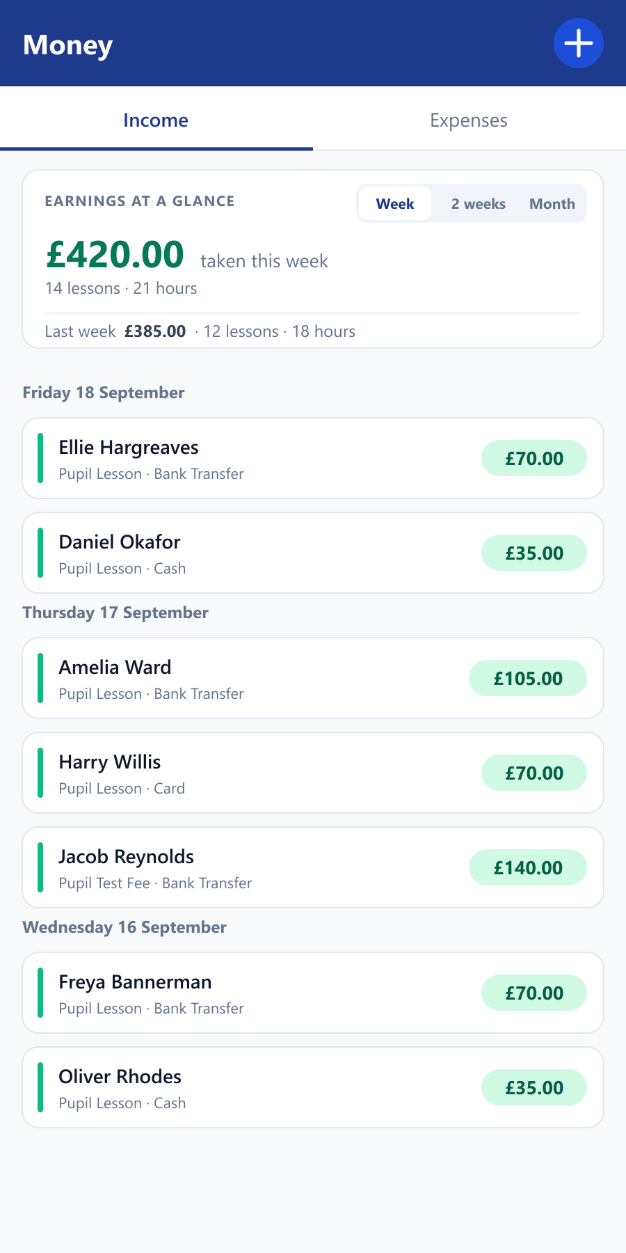 Money screen with an earnings at a glance card showing the week's takings, lessons and hours