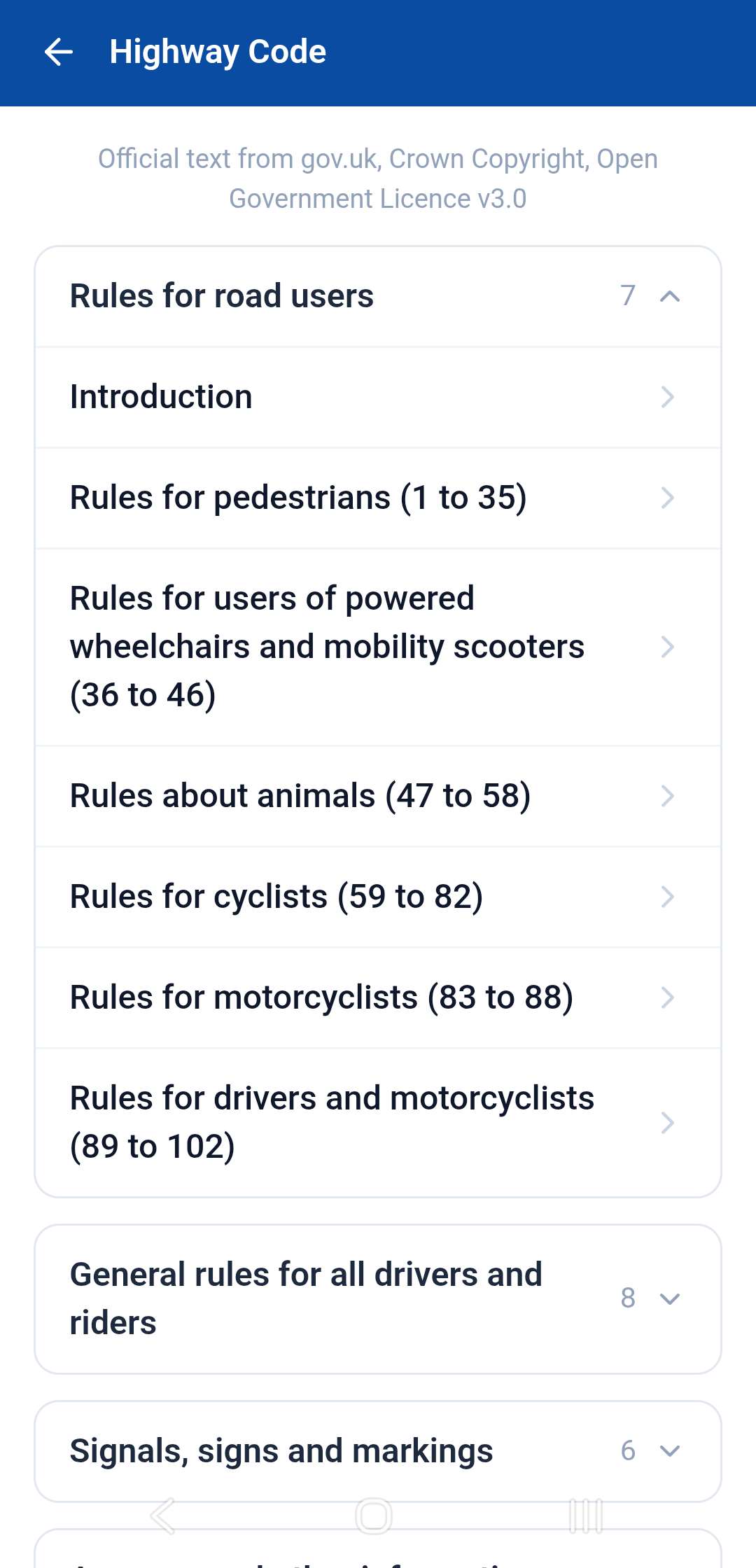 Highway Code section list grouped by topic