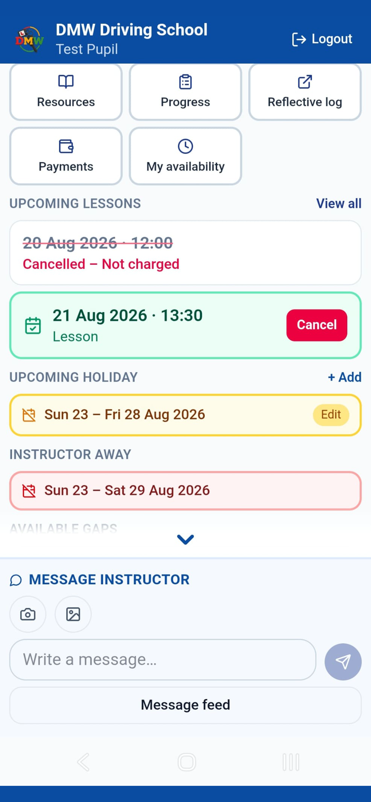 Pupil home screen showing both their own upcoming holiday and their instructor's away dates