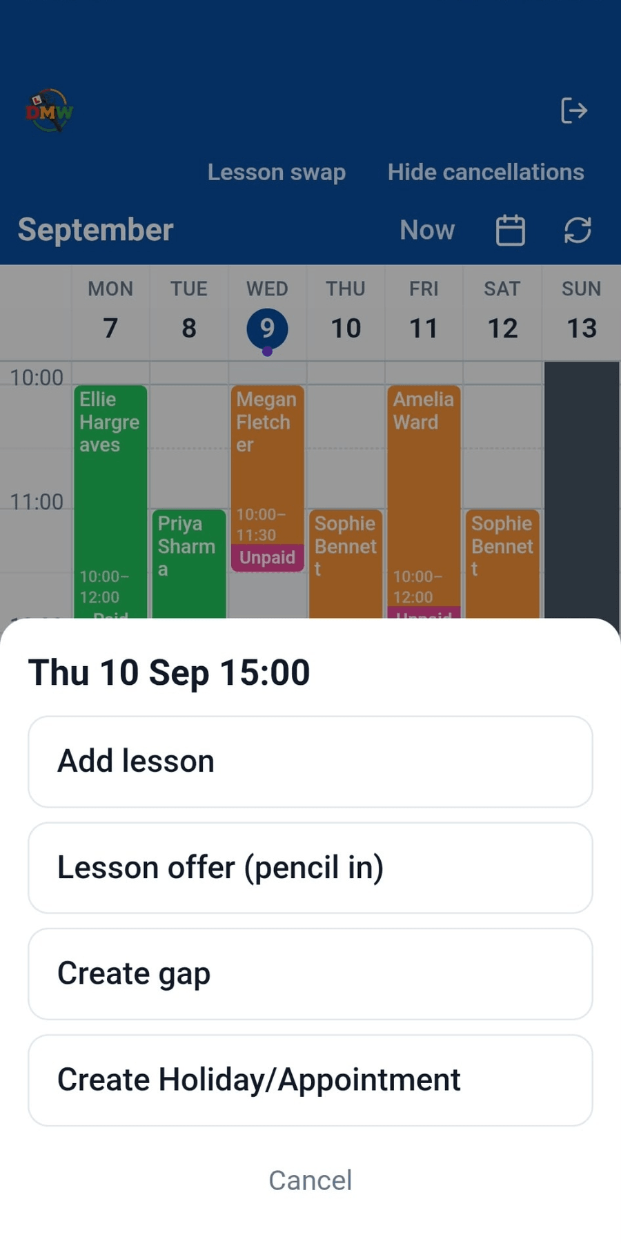Diary action sheet showing the Lesson offer (pencil in) option