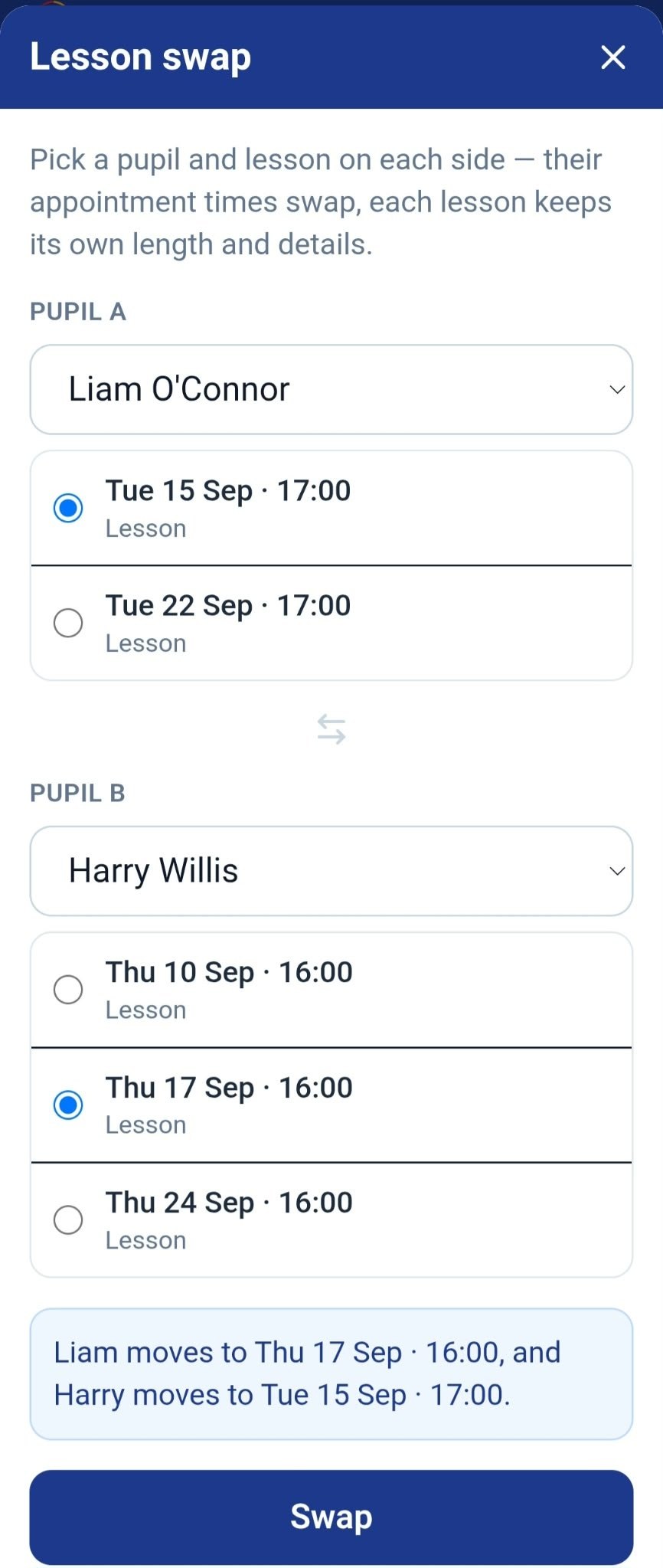 Lesson swap screen with a pupil and lesson picker on each side