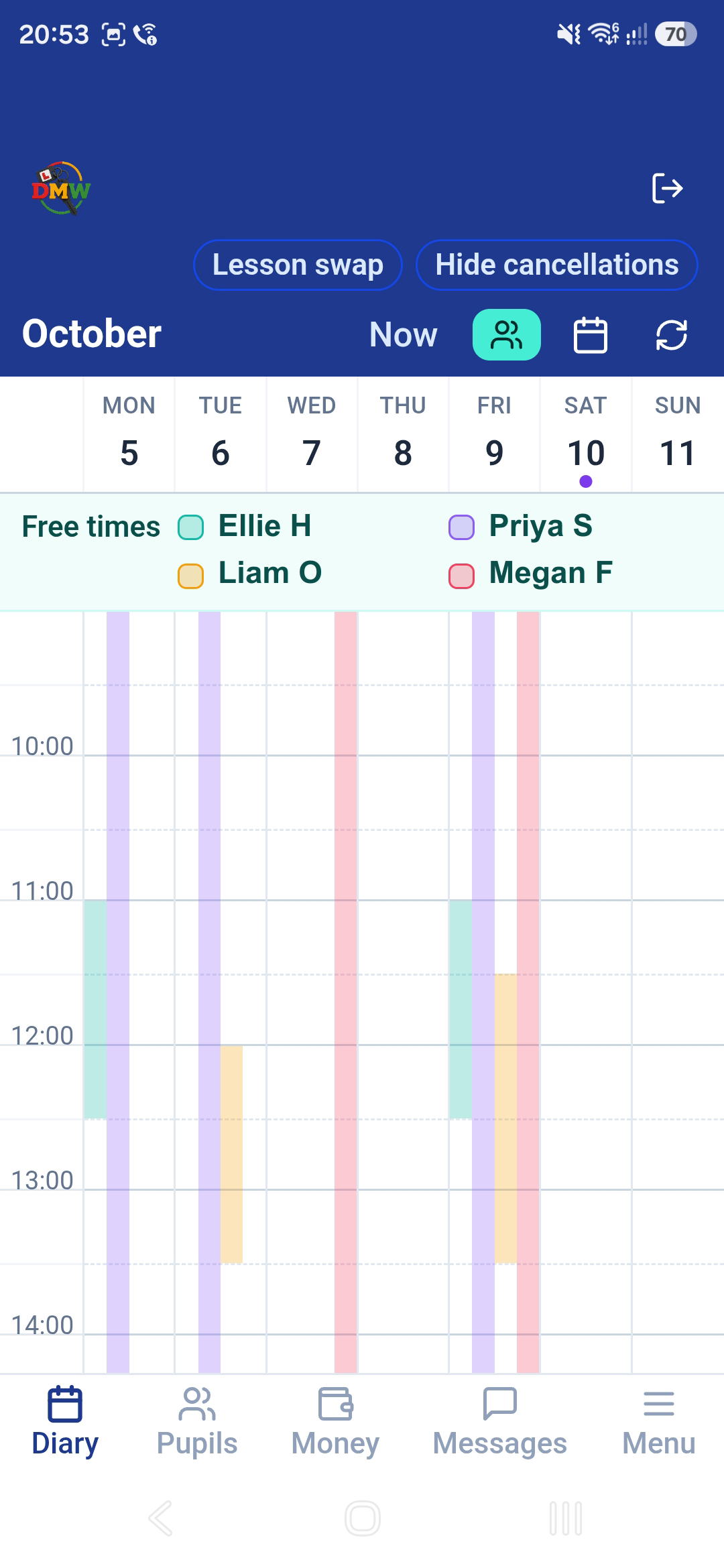 The app diary with Pupils Availability on: four pupils free times shown in their own colours across the week