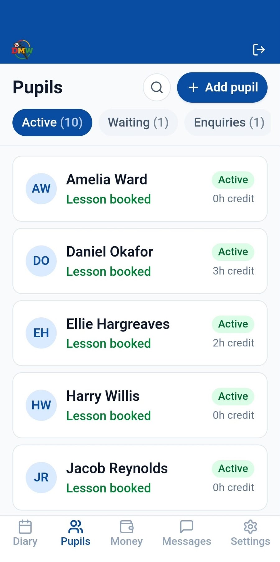Pupil list in the Drive My Way app showing status and balance for each pupil