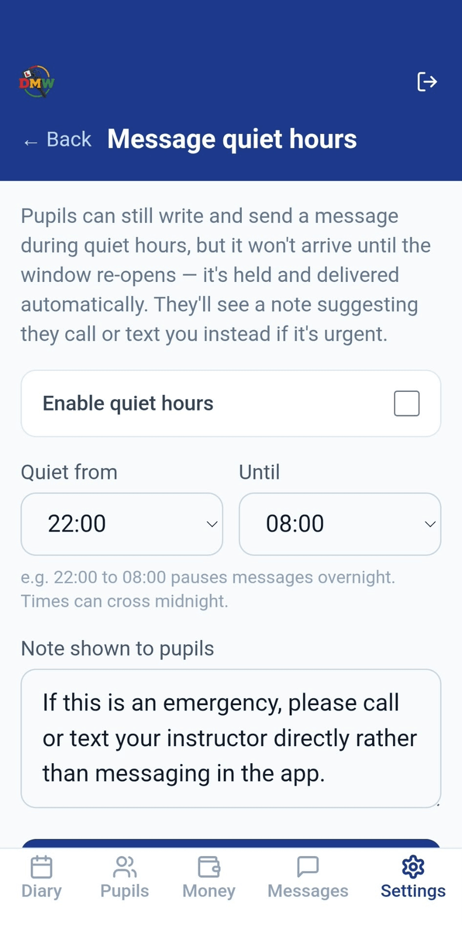 Settings screen showing the Message quiet hours option