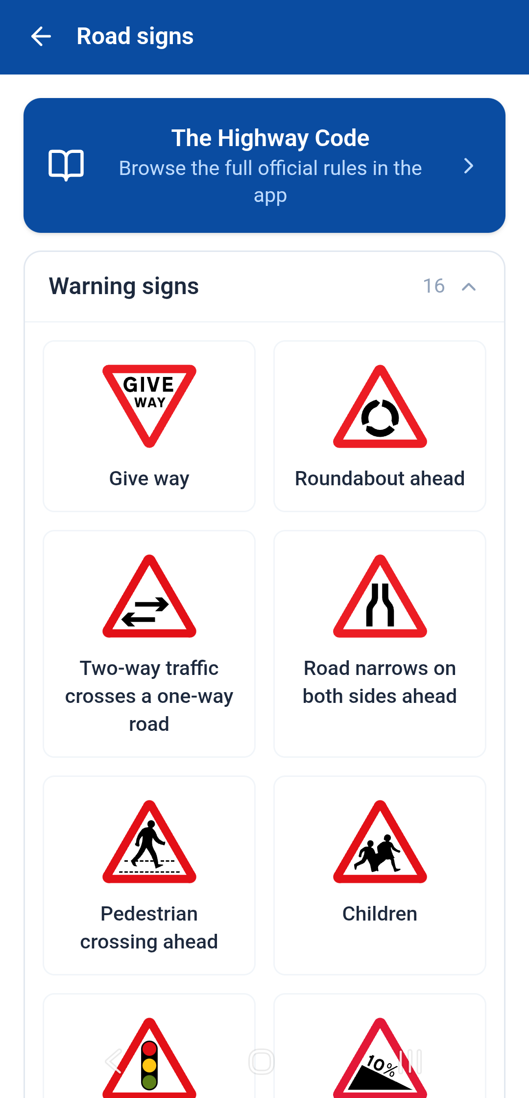 Browsable road signs reference with real UK sign artwork