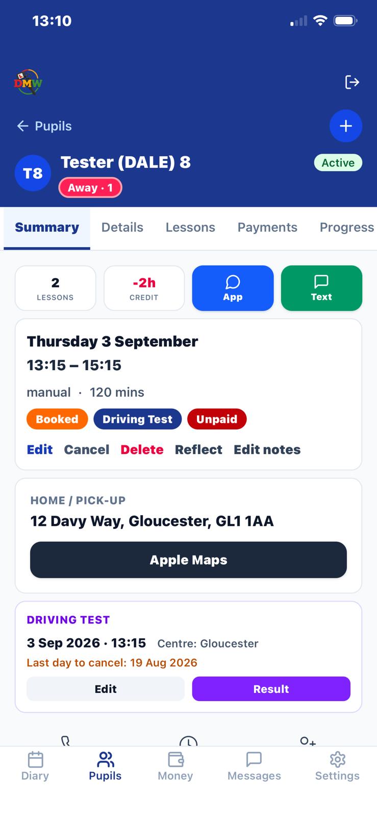 Pupil summary screen showing the driving test card with its cancel-by date