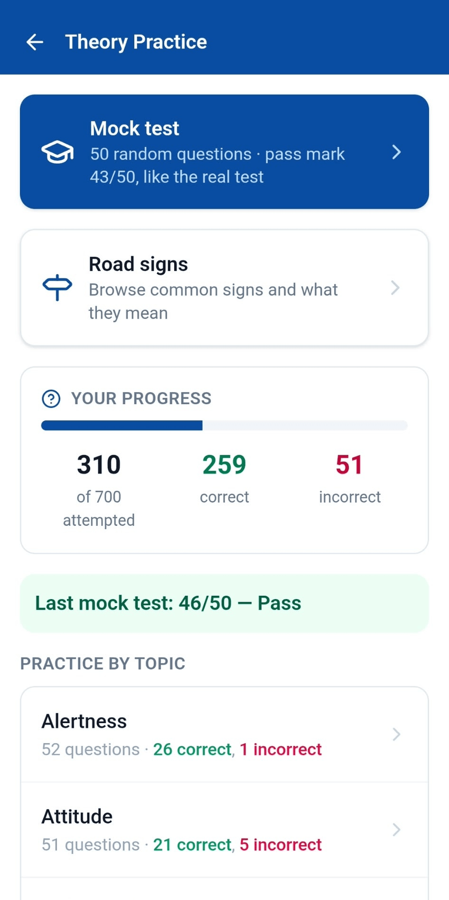 Theory hub showing mock test, road signs, progress stats and topics