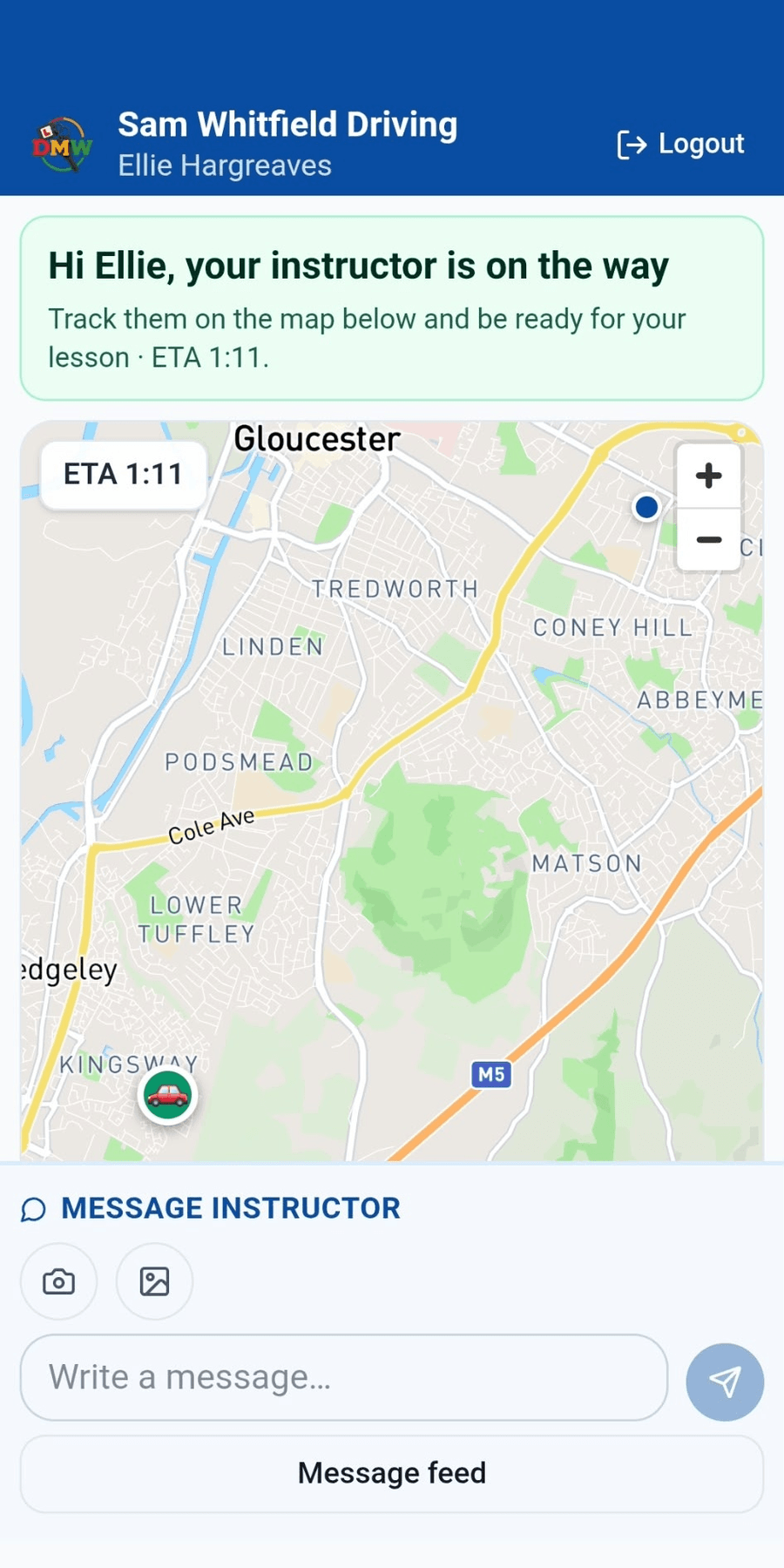 Live instructor tracking map in the Drive My Way app