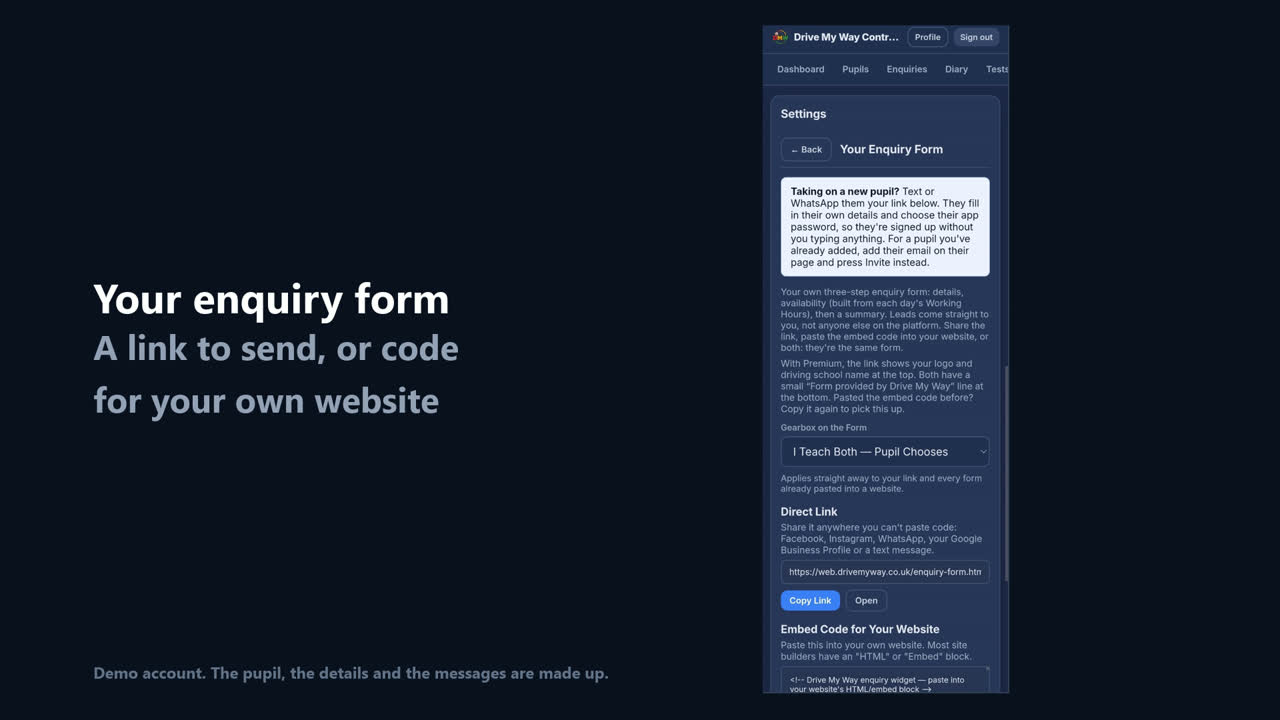 The Drive My Way enquiry form in the Control Centre, with a link to share and embed code for your website